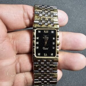 Vintage Elgin Silver Gold Tone Diamond Quartz Watch Rare FM881 2035 Working show